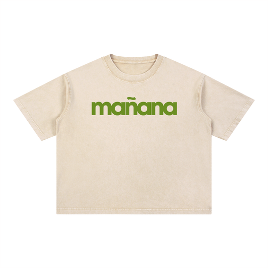 MAÑANA (Ecru / Green) - Mineral Wash Boxy Cotton T-Shirt
